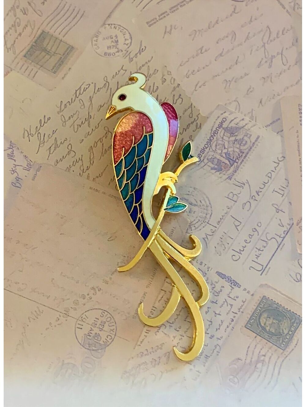 Vintage Cloisonne Enamel Exotic Bird Perched on Branch Figural Brooch